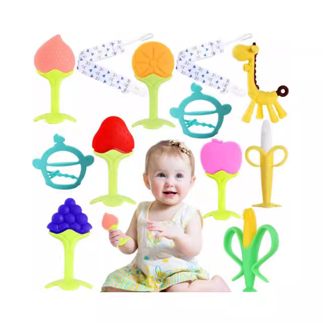 Pequeña seta fruta teether bebé mordedor bolsa de frutas y verduras teether bebé molar jirafa partido