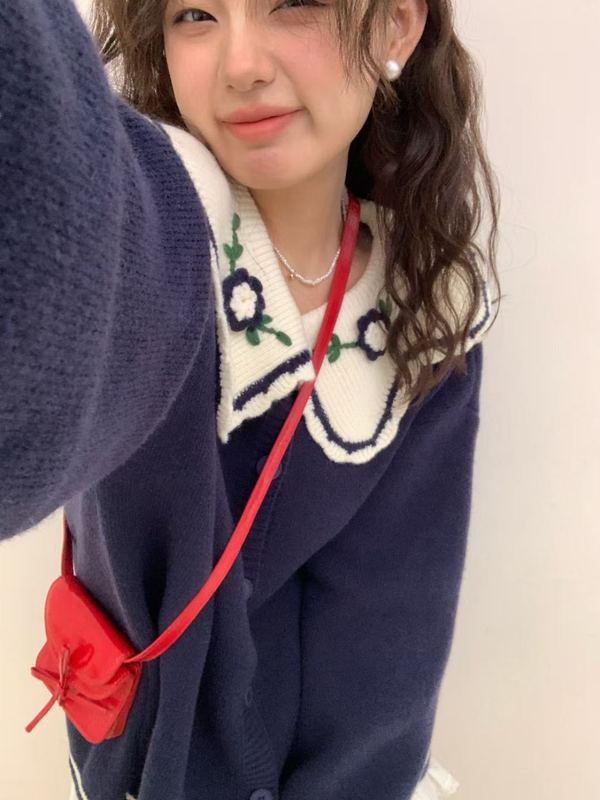 森系甜美立体花朵刺绣毛衣外套女秋冬娃娃领宽松百搭针织开衫1231|undefined