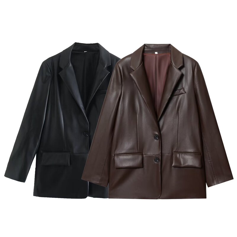 Z Cross-Border European and American Style 2025 New Fashion Elegant Women's Straight Leather Effect Suit Jacket 1255760