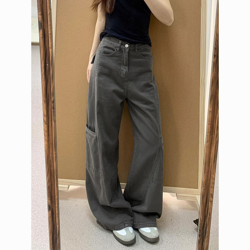 【广州新塘牛仔】复古灰色阔腿牛仔工装裤女宽松显瘦直筒拖地裤子|undefined
