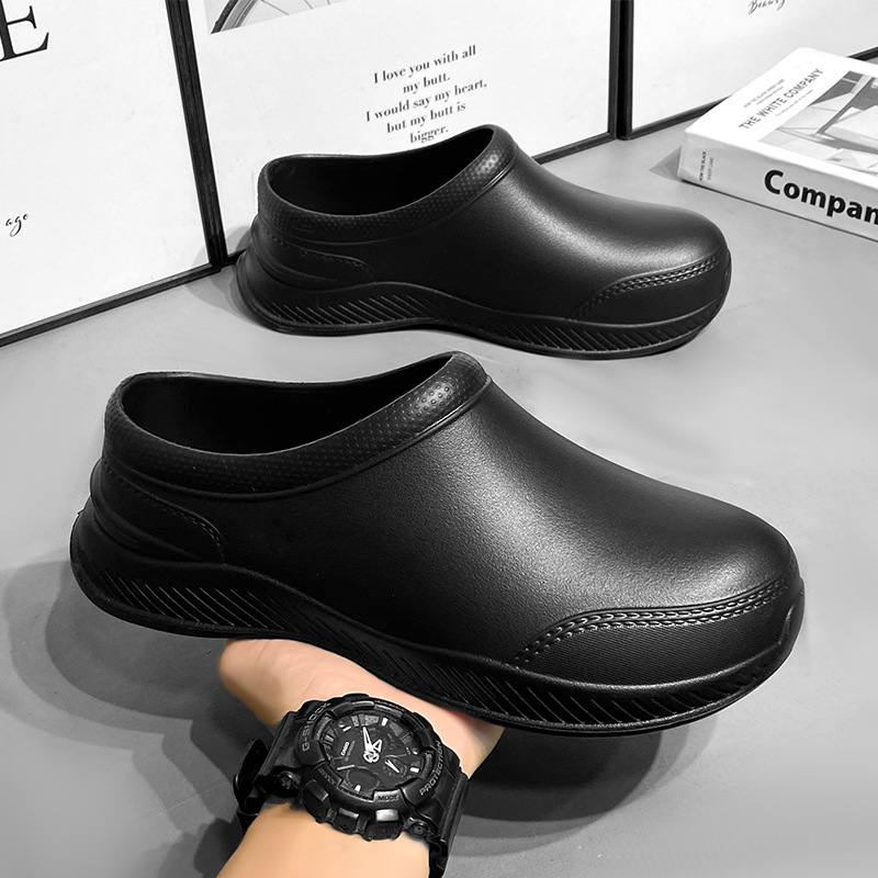 Zapatos de chef zapatos de lluvia de cocina antideslizantes de verano para hombres, impermeables y a prueba de aceite, zapatos de trabajo perezosos para hombres de suela gruesa negra image 3