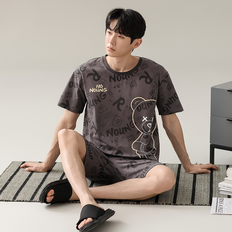 Nuevo pijama de algodón de verano para hombres pantalones cortos de mangas cortas chaqueta de cuello redondo ropa de hogar para hombres casual suelta grande conjunto