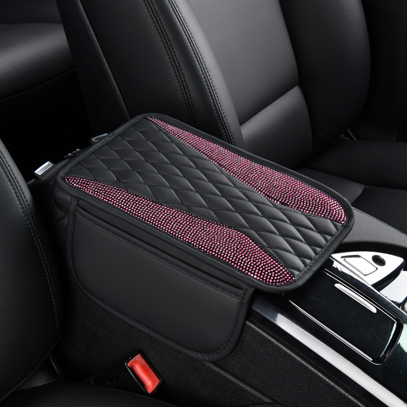 Factory Direct Sales Shiny Diamond Car Armrest Box Pad Rhinestone with Side Pocket Car Central Leather Elbow Protector