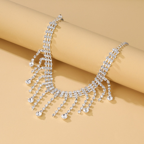 New European and American hot-selling rhinestone tassel anklet, women's beach simple double-layer teardrop pendant anklet wholesale