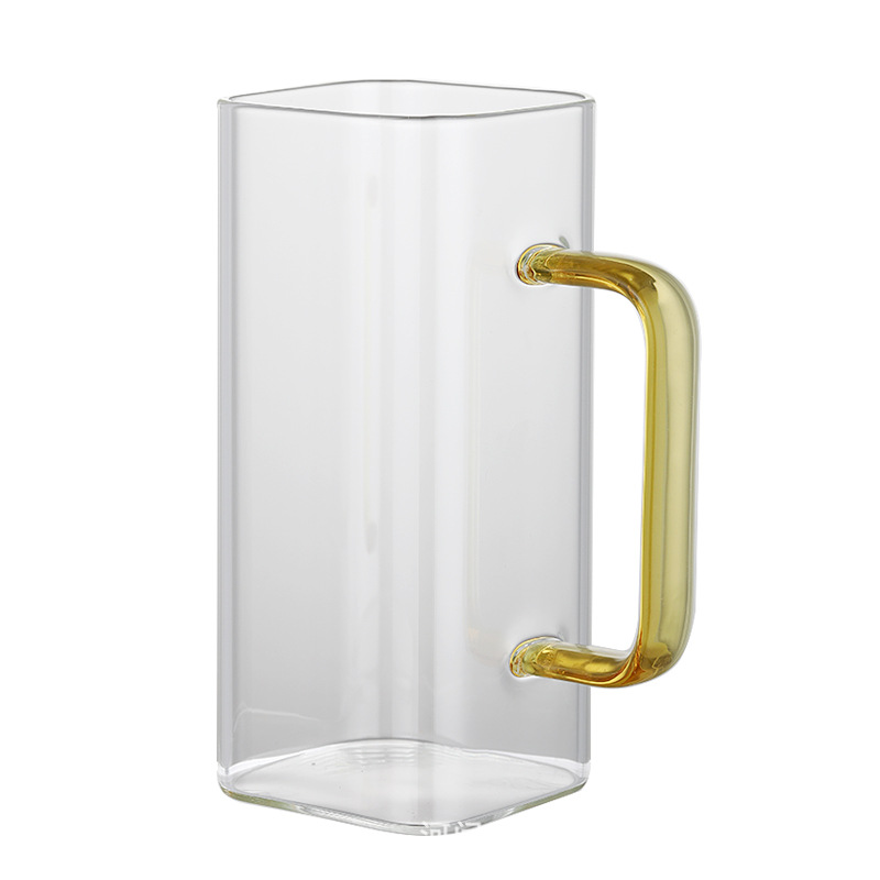 Taza cuadrada de vidrio al por mayor con asa de color, taza para té de flores, taza para jugo y leche de pared recta con asa, taza para preparar té, taza para agua, alto borosilicato.