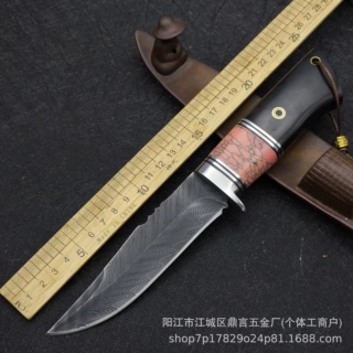 户外直刀大马士革钢黑檀木高硬度野营登山随身锋利小刀热销批发