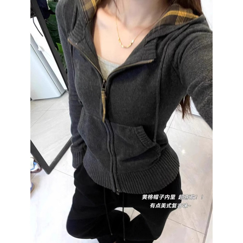 美式复古连帽毛衣开衫女秋冬格子修身针织外套慵懒风短款上衣chic|undefined