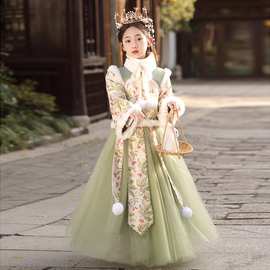 女童汉服冬款加绒加厚超仙中国风古装演出服小女孩唐装拜年服套装