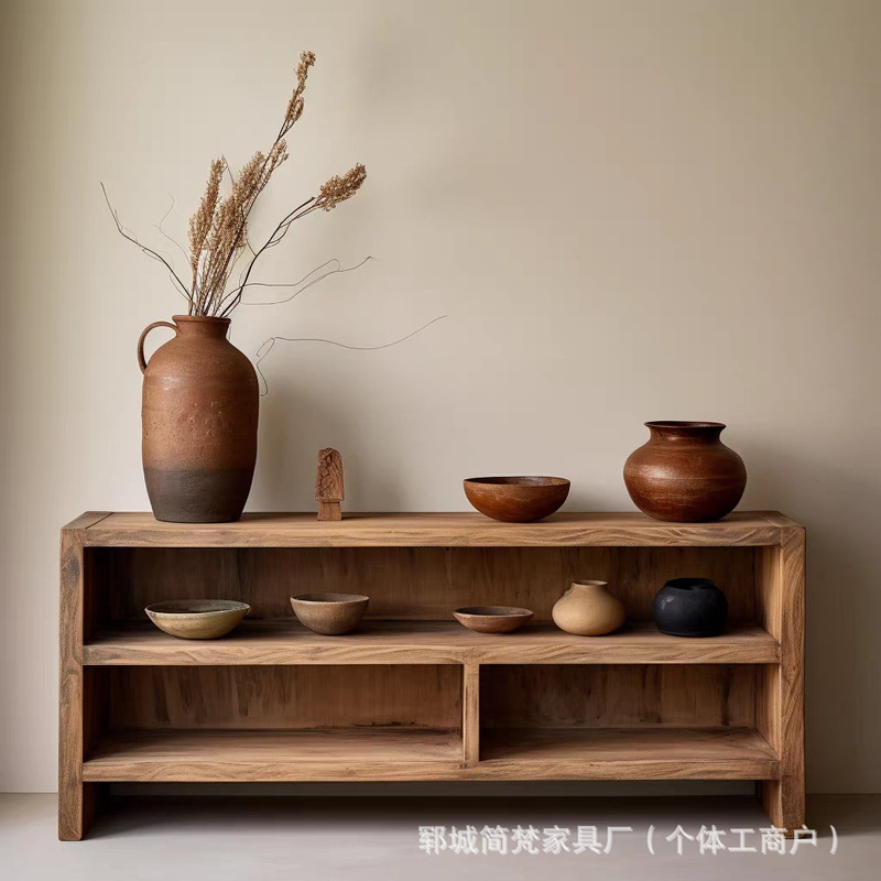 诧寂风博古架实木多层储物柜客厅陶瓷花瓶展示架老榆木茶具餐边柜|undefined