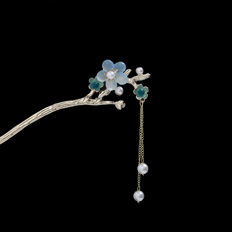 Rosa azul y blanco rhinestone flor horquilla mujeres de alto grado paso sacudida borla rizador de pelo horquilla estilo antiguo hanfu accesorios para el cabello otoño