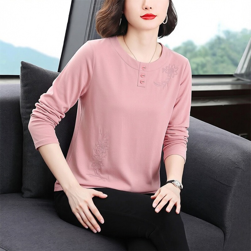 Mother's pure cotton long-sleeve spring and autumn stylish new large size loose top for middle-aged and elderly women, suitable for outerwear or as a base layer Mother's pure cotton long-sleeve spring and autumn stylish new large size loose top for middle-aged and elderly women, suitable for outerwear or as a base layer