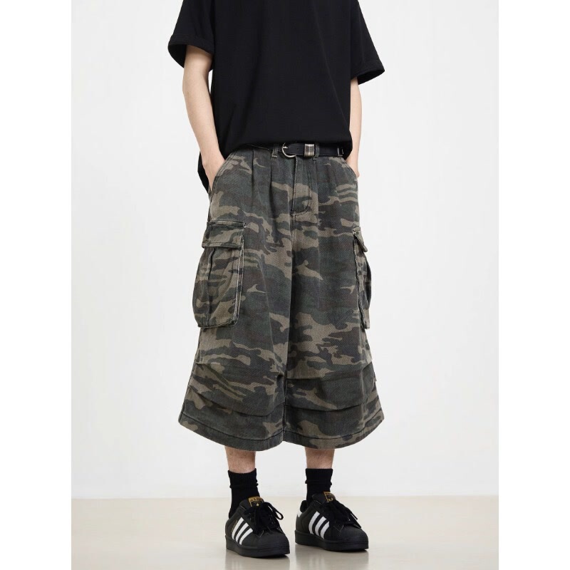 American Style Denim Logging Cropped Camouflage Caution Pants Men's Ins Popular Brand High Street Multi-Pocket Loose Straight Pants