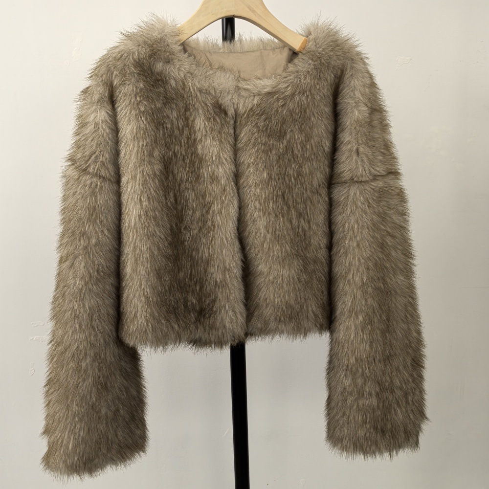 Damenbekleidung, umweltfreundlicher Kunstpelzmantel, kurze Winterjacke, weicher Plüsch, Rundhalsausschnitt, modische Oberbekleidung, benutzerdefinierte Farben (Weiß/Creme, Grau/Creme, Braun)_voghion.com