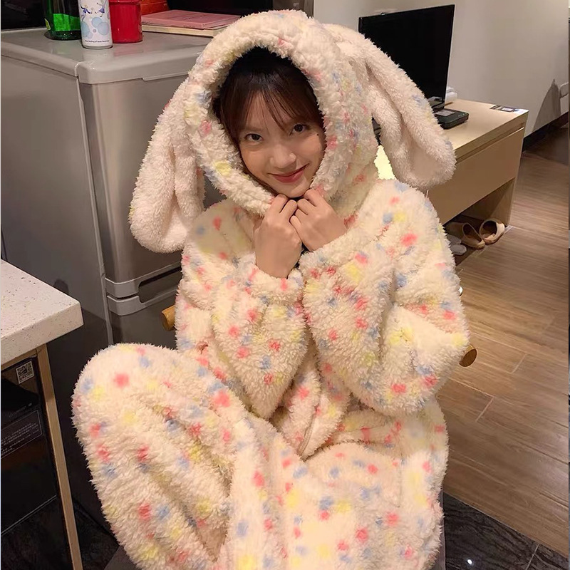 かわいいウサギの耳コーラルベルベットワンピースパジャマ女性のための冬のベルベット厚みのある甘いホーム服 2025 新しい冬|undefined