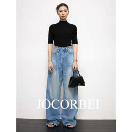 JOCORBEI【雅痞解构翻褶】高腰显瘦脏脏裤阔腿直筒女长裤牛仔裤