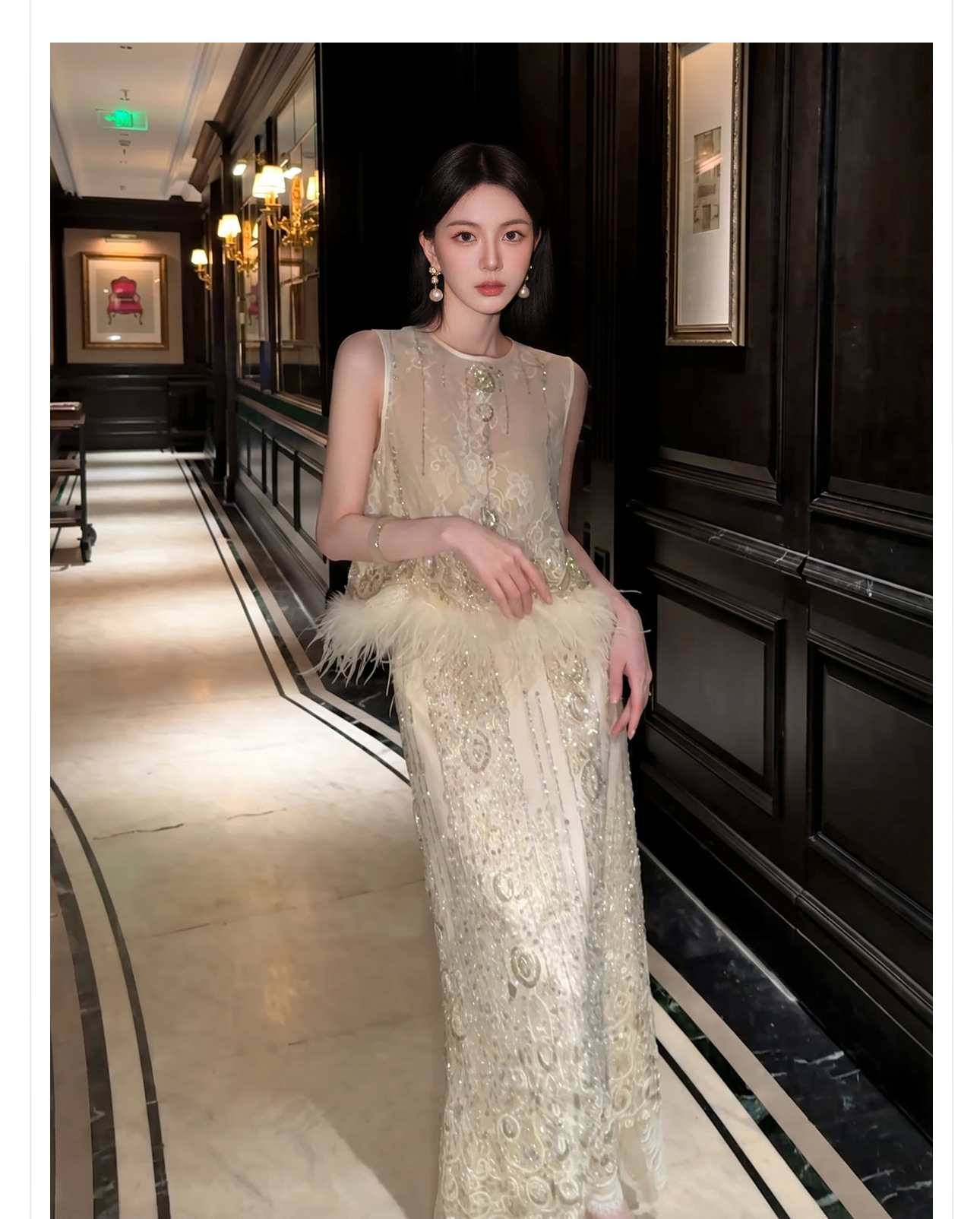 Set áo vest gile và chân váy midi thêu đính cườm phong cách Tân Trung Hoa — bộ đồ, nửa váy, Trang chủ chi tiết 4
