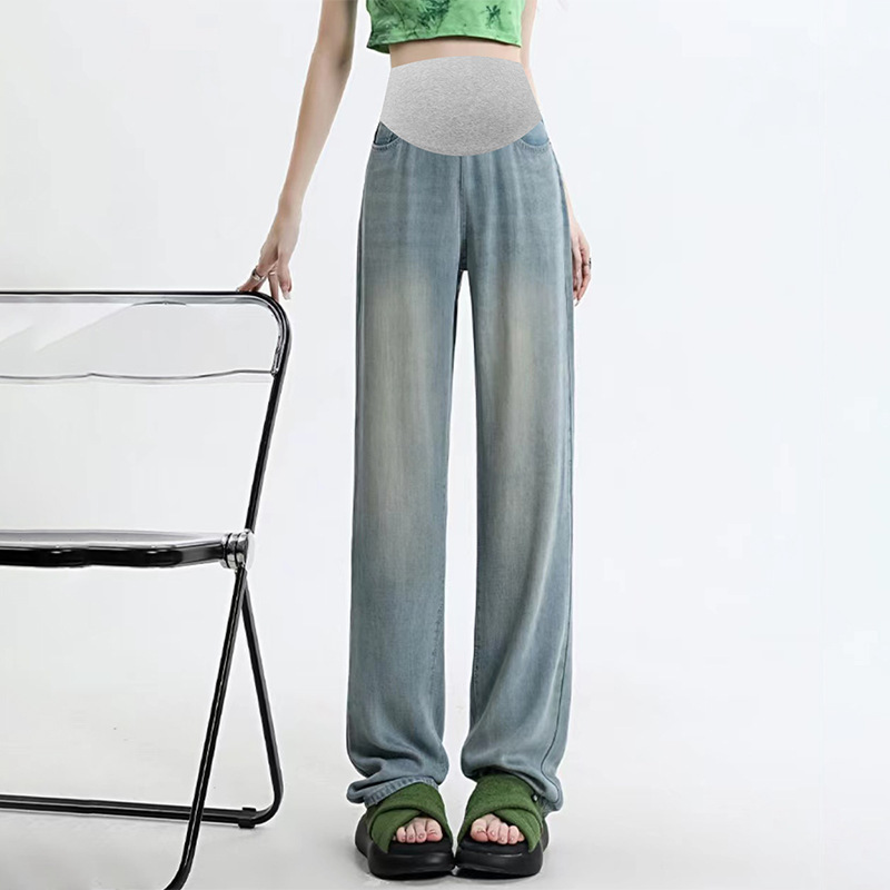 9067 Retro Blue Tencel Maternity Jeans Summer Belly Support Pants Casual Thin Outerwear Trendy Mom Loose Straight-Leg Pants
