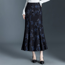 印花鱼尾裙女裙秋冬2025新款气质长裙包臀裙碎花裙毛呢半身裙冬裙