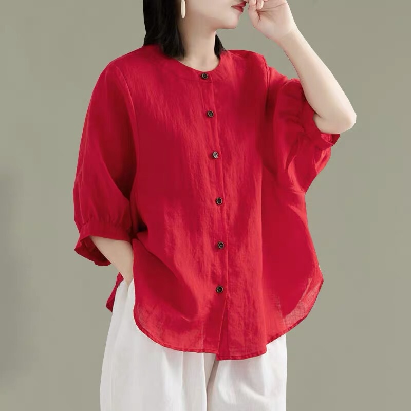 Spring and Summer Cotton and Linen Shirts for Women, Lantern Sleeves, Retro Artistic Tops, Loose Slimming Mid-Sleeve Plus Size Shirts for Women