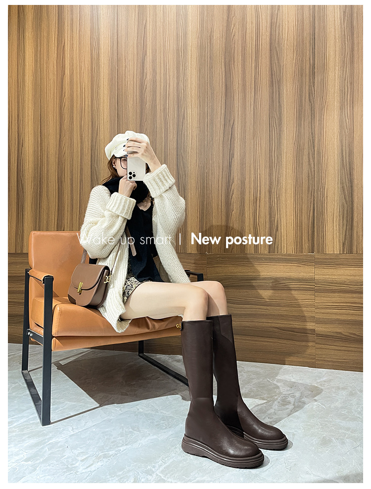 150 short stature with less than knee height, women's new round headed brown plush knight boots for autumn and winter_voghion.com