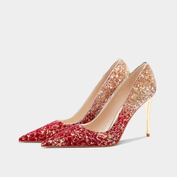 High-End Wedding Shoes, Xiuhe Shoes, Crystal New Style Red Gradient High Heels, Women's Wedding Bride's Toast Shoes, High-Heeled Wedding Shoes