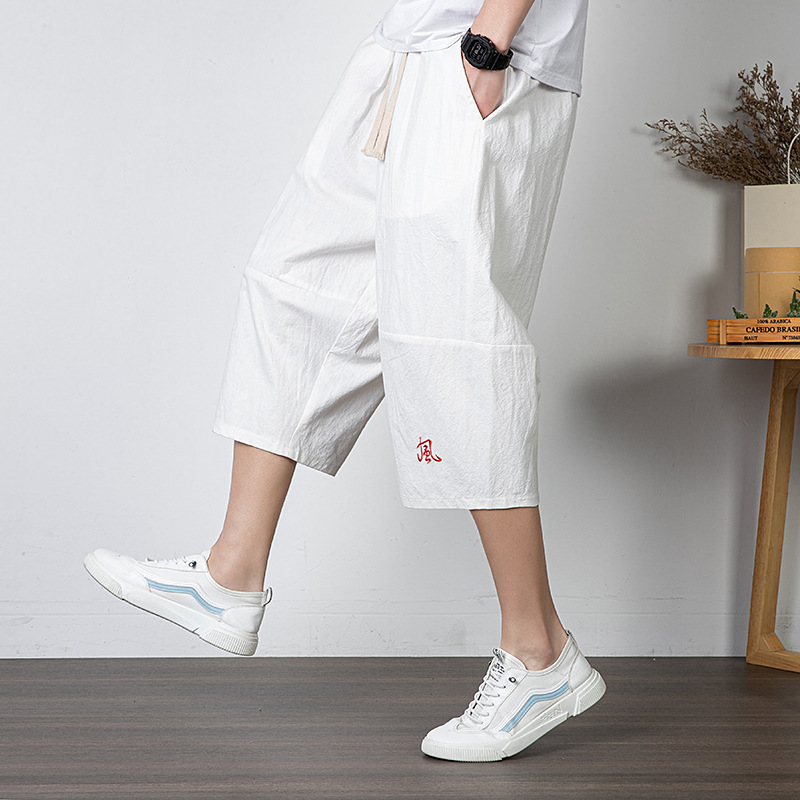 トレンディなブランドの男性用クロップドパンツ、リネンショートパンツ、無地の中国風紳士服、ルーズストレートビーチパンツ、トレンディなコットンとリネンのパンツ|undefined