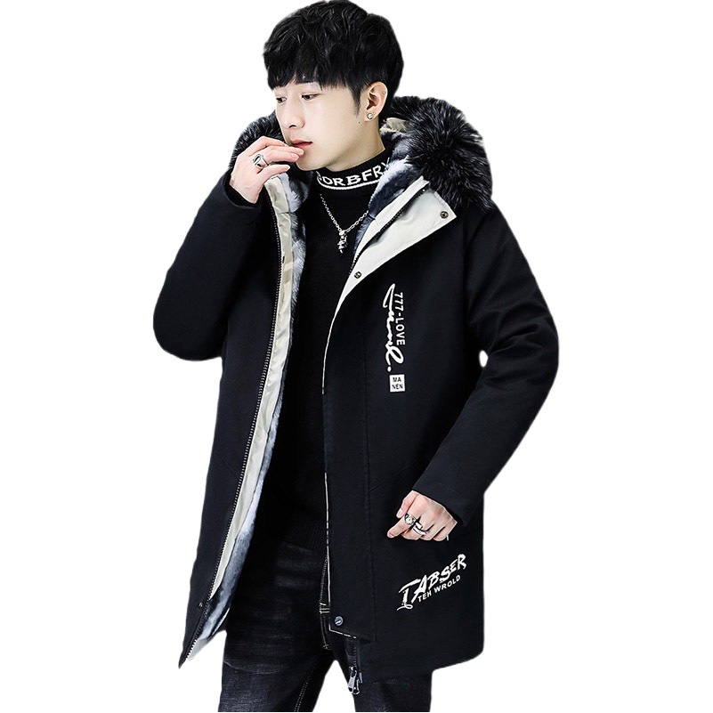 2023 Invierno lana forrada de lana engrosada parka casual de los hombres cálido medio de longitud gabardina Cuello de piel con capucha acolchada de algodón de los hombres