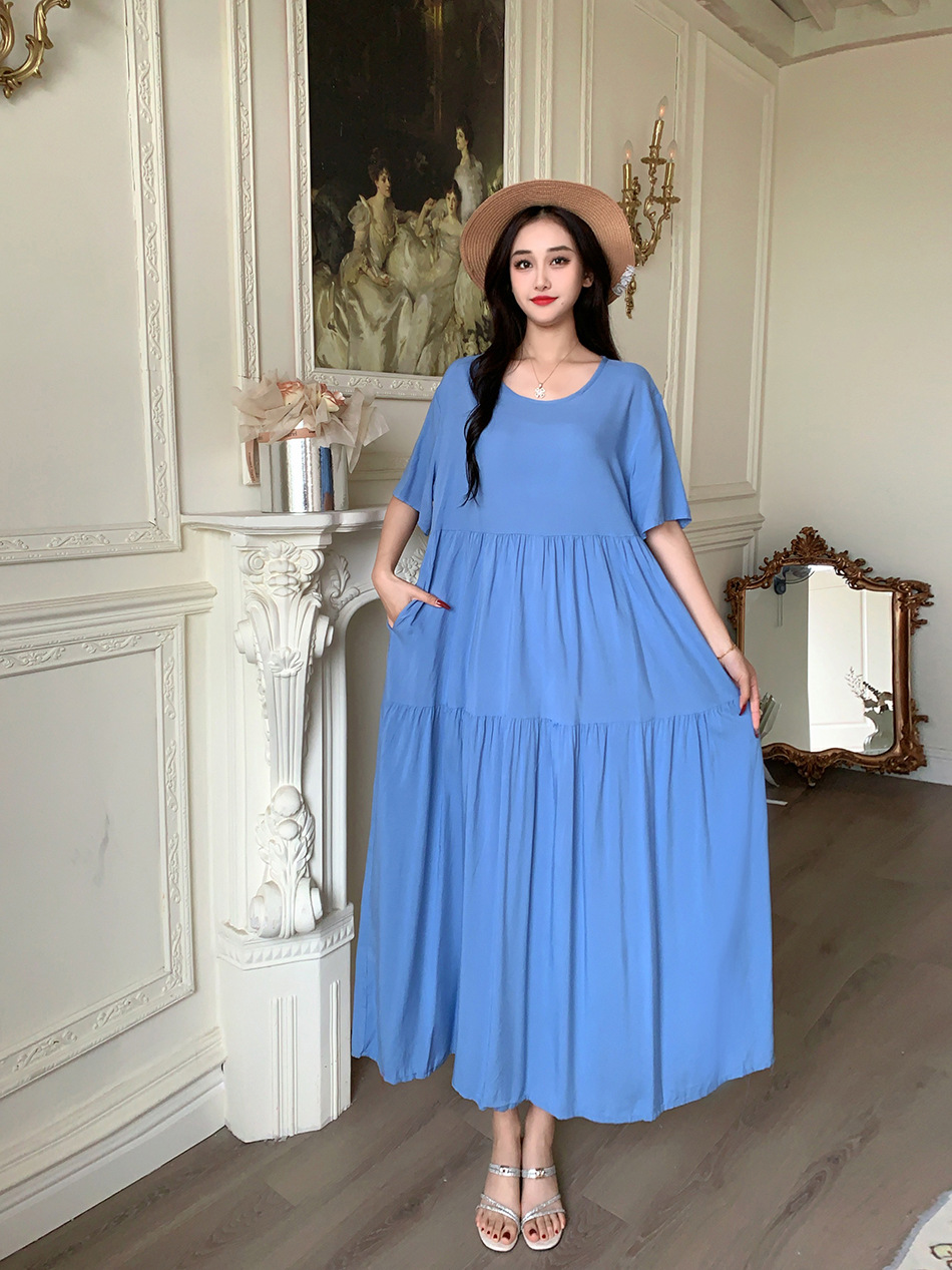 Short-sleeved Cotton Silk Women's Dress, European And American 2025 New Style, Round-neck Seaside Vacation Style Dress_ecoleips.com