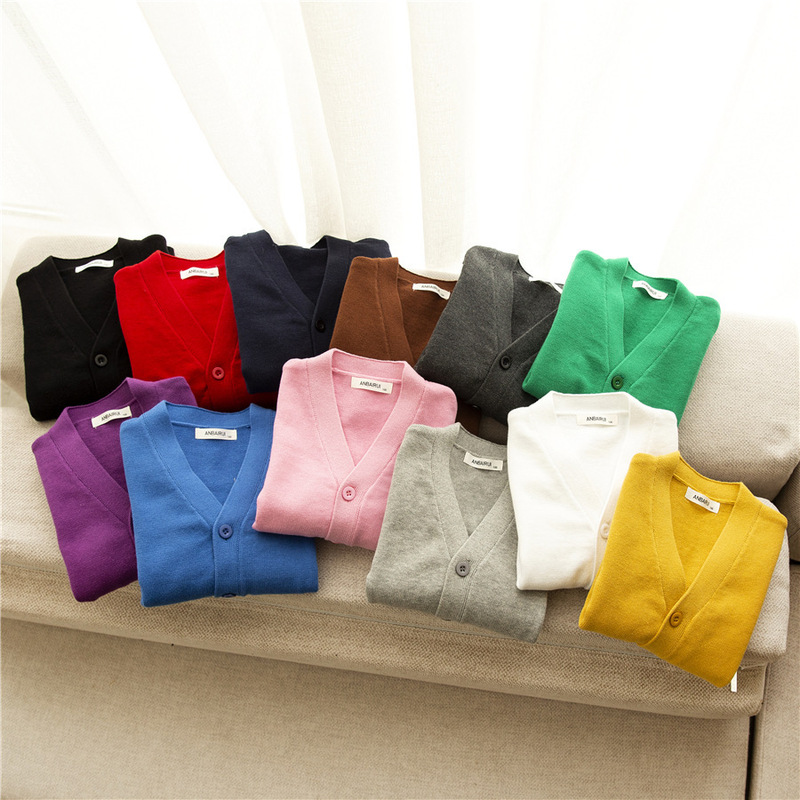 Spring 2021 Korean-style unisex children's sweater solid color cardigan cotton long sleeve V-neck school uniform sweater