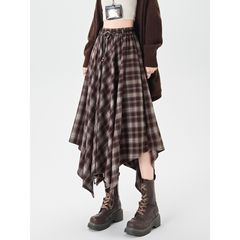 美拉德咖色格纹半身裙女2025新款秋季松紧腰显瘦不规则a字中长裙