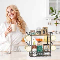 シンプルな二重木製収納棚鉄木結合コーヒーカップマグカップ収納ラックデスクトップ実木棚