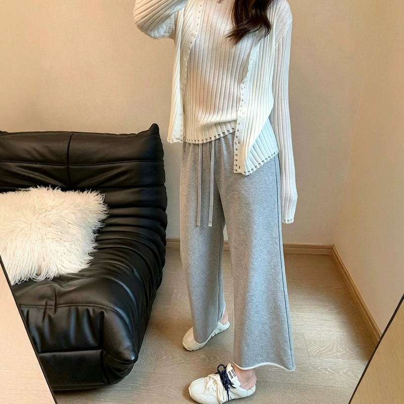 Lazy-style, frayed-edge, cropped wide-leg pants for women, early autumn 2026 new collection, high-waisted, loose-fitting, slimming, straight-leg, casual sweatpants