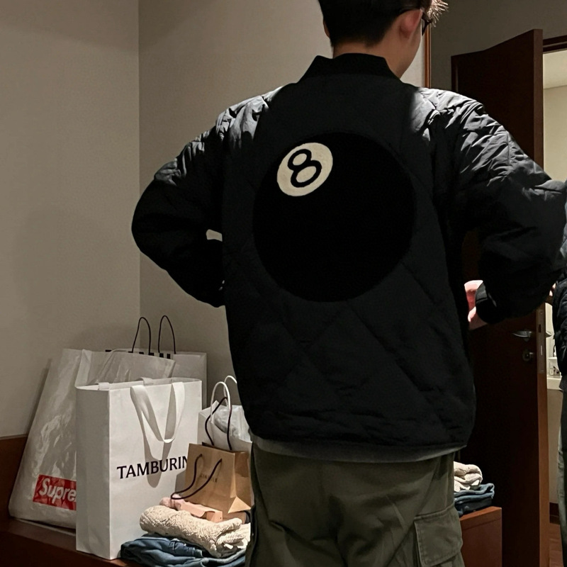 Cross-Border Dropshipping High-Quality Stu Stussy Black 8 Classic Pattern Quilted Zipper Cotton Baseball Collar Jacket