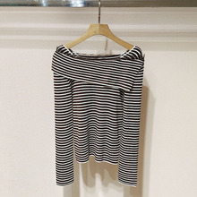 深圳南油2025冬女装 蕾丝拼接一字领条纹长袖针织衫上衣S250970