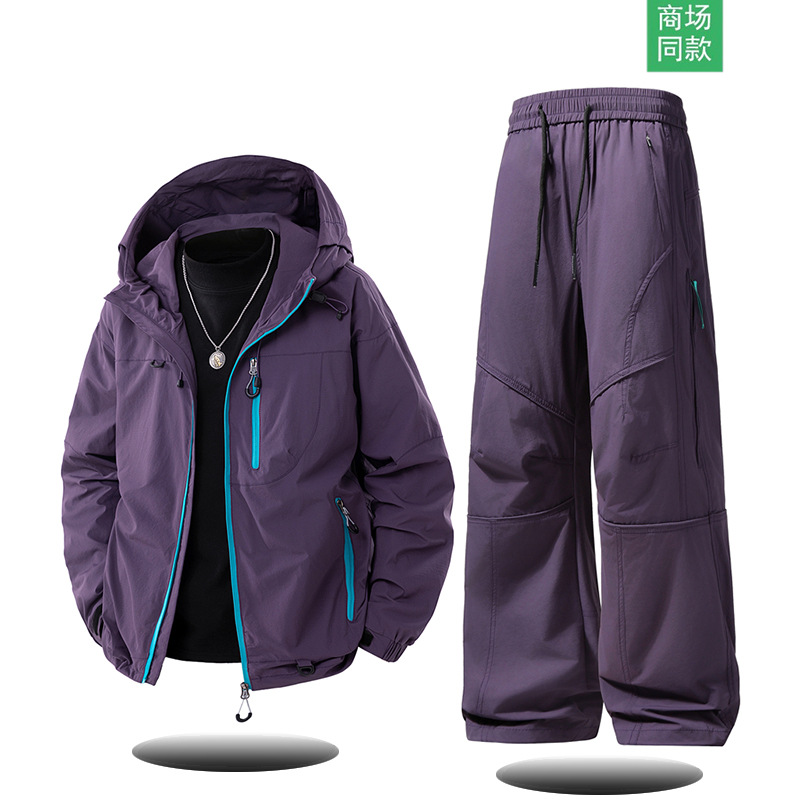 防泼水工装冲锋衣夹克纯色长裤两件套男女春秋季运动休闲户外套装