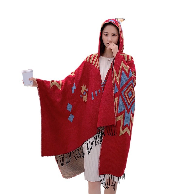 Viajes de fotografía de estilo nacional mantel sombrero capas bordas patrón geométrico rojo mantel bufandas de protección solar cálidas