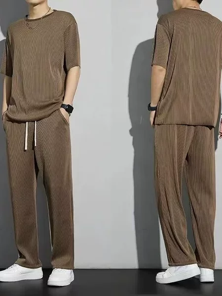 Cross-Border 2026 Solid Color Summer Casual Suit for Men, Loose Long Pants, Short-Sleeve Shirt, Trendy Drape Straight-Leg Suit