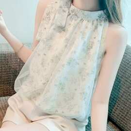 独特气质印花衬衫女夏季新款女装时尚设计感衣服露肩衬衣无袖上衣