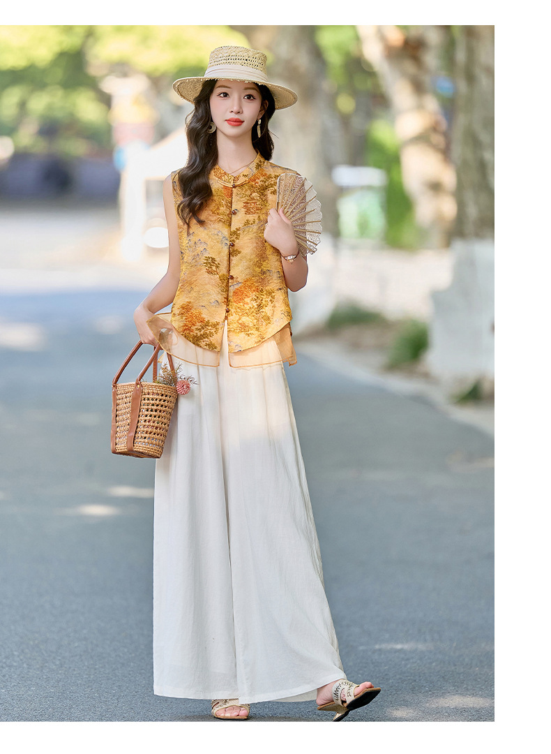 Bộ quần áo nữ hai mảnh gồm áo sơ mi cổ đứng họa tiết jacquard và quần ống đứng — Màu ảnh chi tiết 16