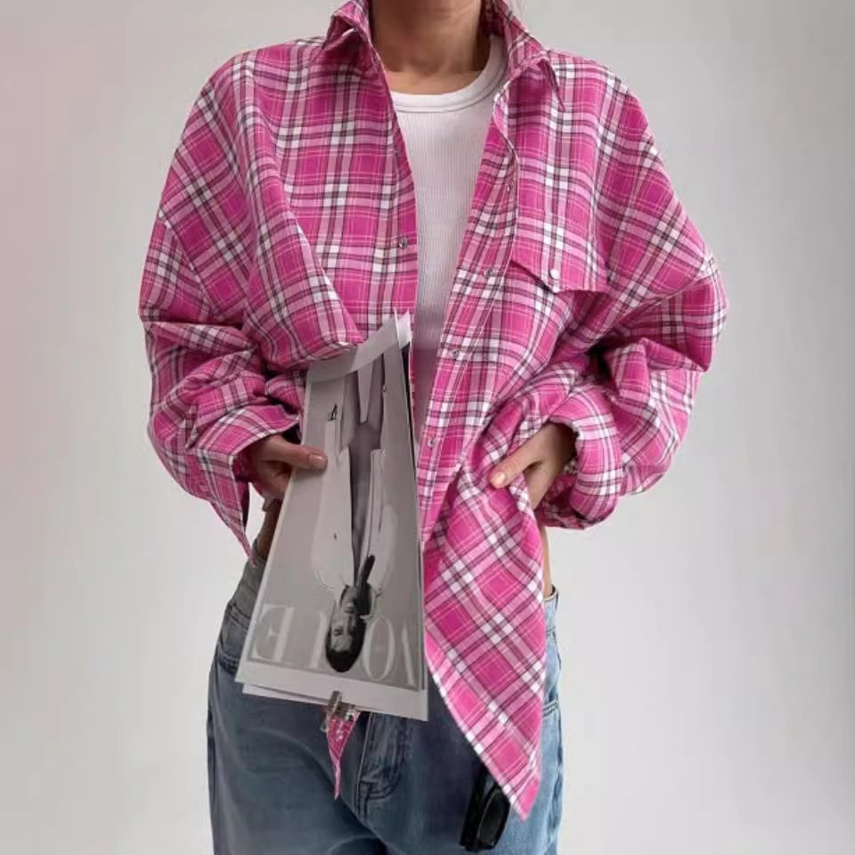 亚马逊跨境复古风百搭翻领宽松衬衣2024春秋格纹长袖口袋女式衬衫