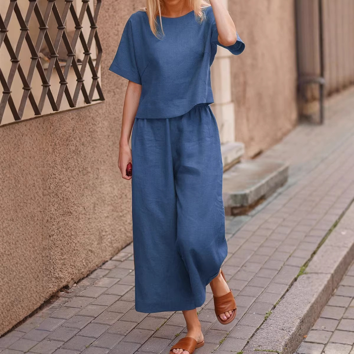 Plus Size Women's Solid Color Short Sleeve Set Loose European American Style Two Piece Women's Clothing Fashion_ecoleips.com