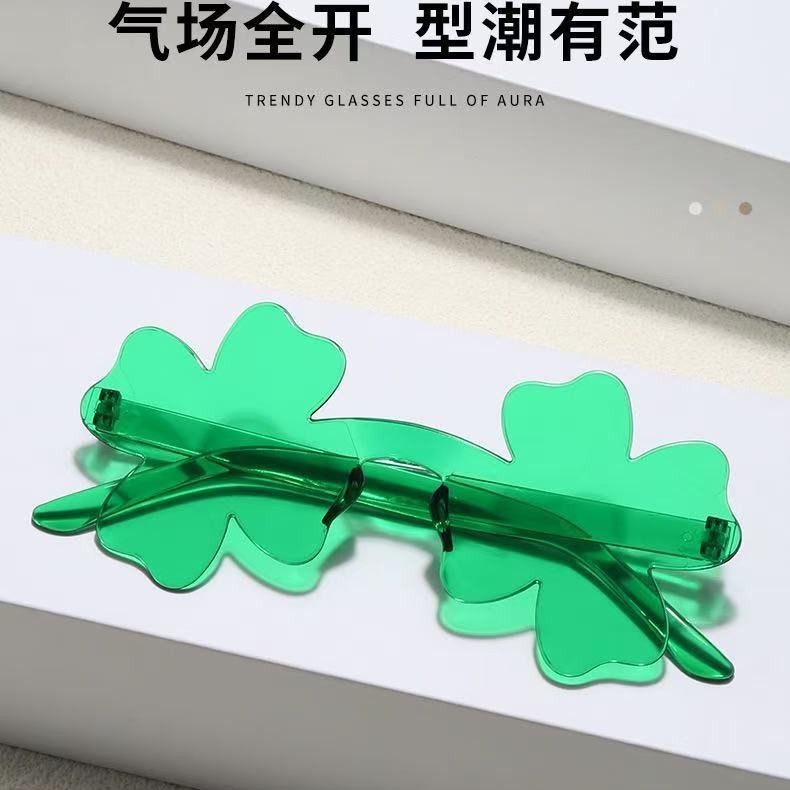 Nuevos gafas de sol de cuatro hojas sin marco transfronterizas europeas y americanas gafas de fiesta de baile de San Patricio irlandeses