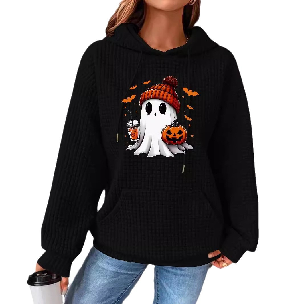 Sudadera de manga larga con capucha tipo gofre para mujer, estilo otoño/invierno, con estampado de Halloween, corte holgado, talla europea._voghion.com