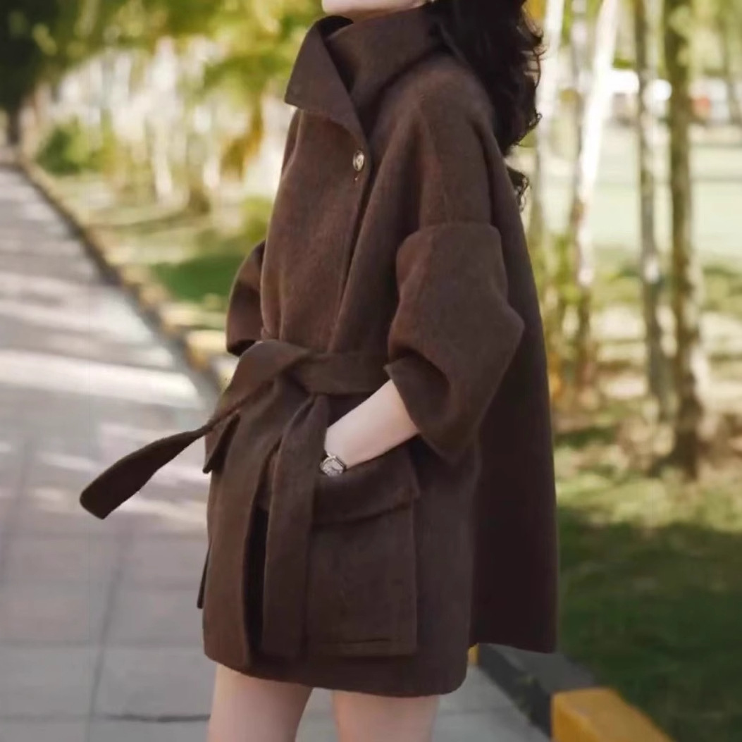 23265 Jieyu Xiuzhong Mid-Length Woolen Outwear Autumn and Winter 2023 Lace-Up Waist Outwear Literary Retro Style