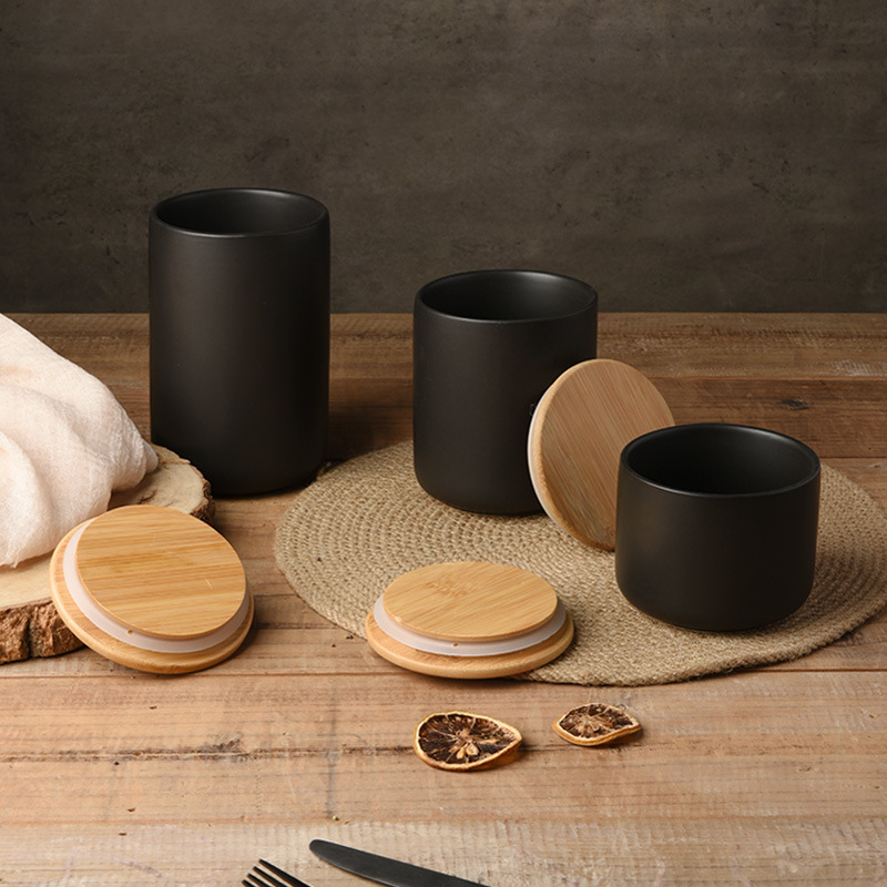 Tarro sellado de cerámica simple escandinavo con tapa de madera para almacenamiento de alimentos en la cocina, juego de té, almacenamiento de dulces, café y té. image 5