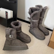 灰色雪地靴女2024冬季新款厚底增高加绒加厚长筒雪地靴休闲女棉鞋