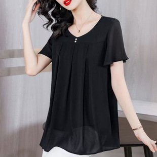 Plus Size Fat Chiffon Shirt New Summer Plus Fat Wear Mom Loose Short-Sleeved Top Fashionable Shirt
