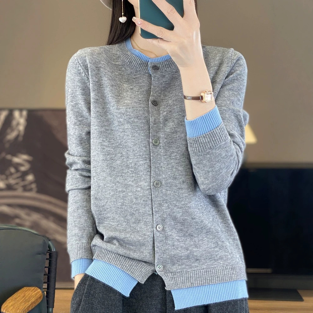 假两件针织开衫女穿拼色法式毛衣时尚轻奢叠髙级感显瘦外套撞色