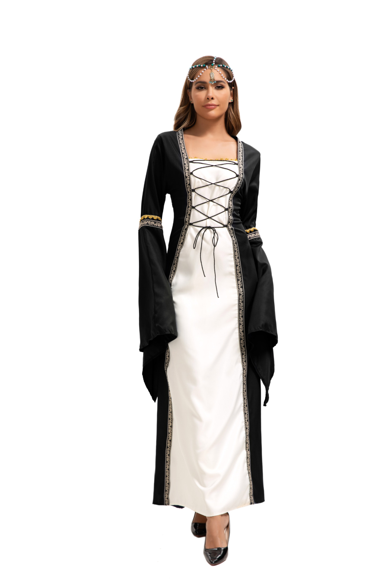 Robe longue de style européen et américain 2025, col carré, manches évasées, style gothique rétro, vêtements pour femmes, robe de cour médiévale_voghion.com
