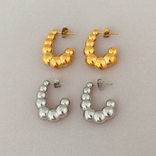 现货工厂批发欧美18k真金电镀钛钢精抛几何圆珠Vintage金银耳环